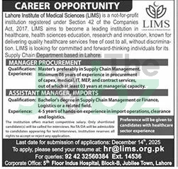 Lahore Institute of Medical Sciences: Management Job Openings in Pakistan - Management