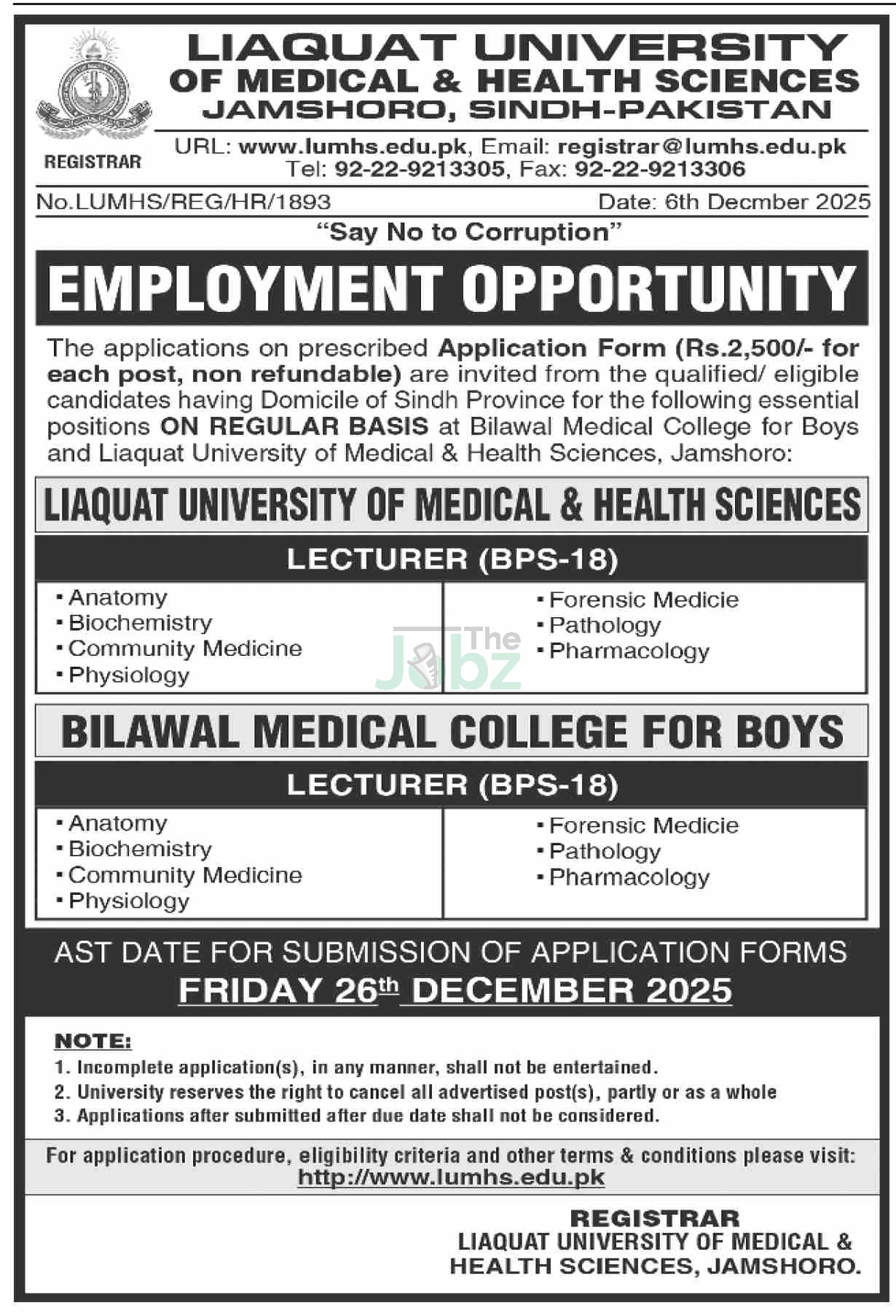 Liaquat University Jamshoro 2025: Latest Job Openings in Pakistan - Liaquat University of Medical & Health Sciences