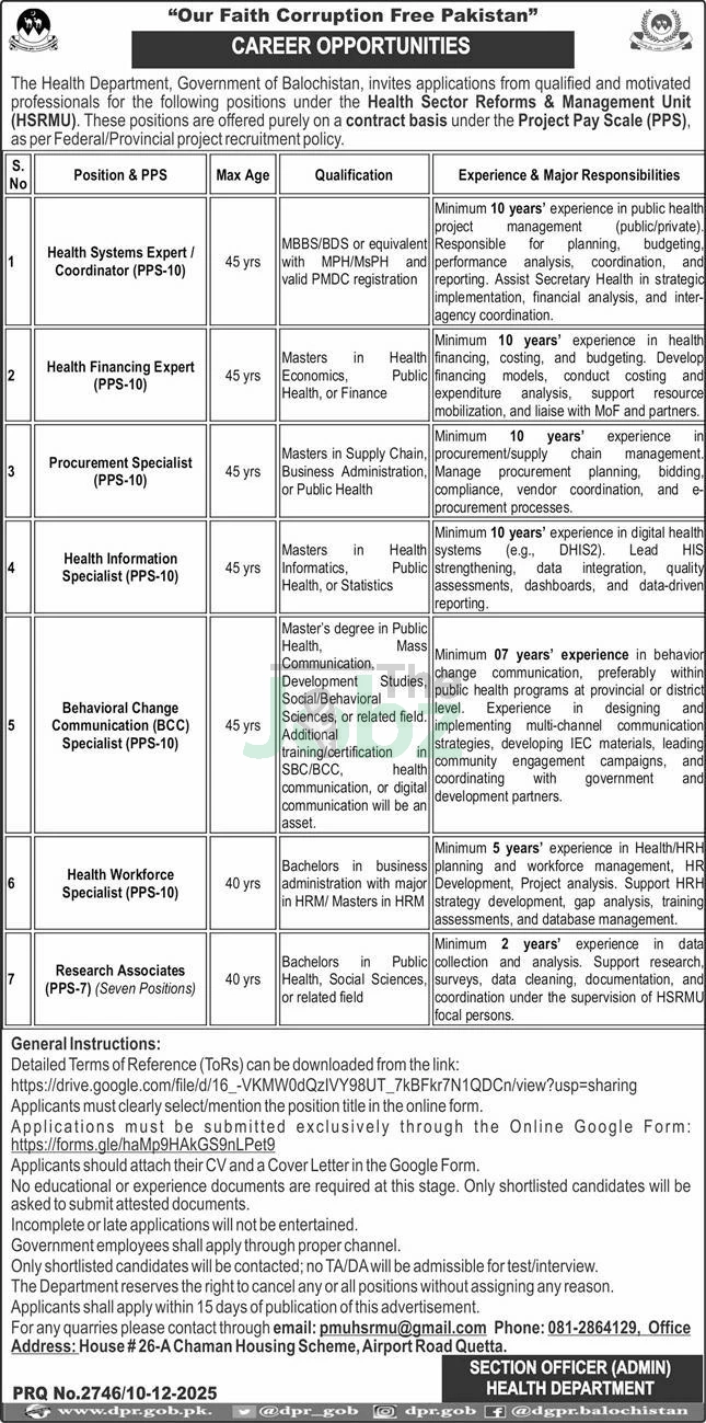 Health Sector Reforms Management Unit HSRMU Jobs 2026 in Quetta - Health Department