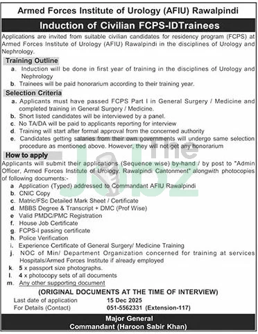 FCPS Training Program at AFIU: Apply for Urology Jobs in Rawalpindi - Armed Forces Institute of Urology AFIU