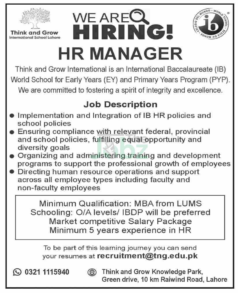 HR Manager Role at Think and Grow Education System in Lahore - Management