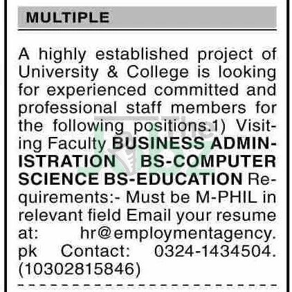 Dawn Sunday Classified Ads 2025: Multiple Staff Roles in Karachi - College