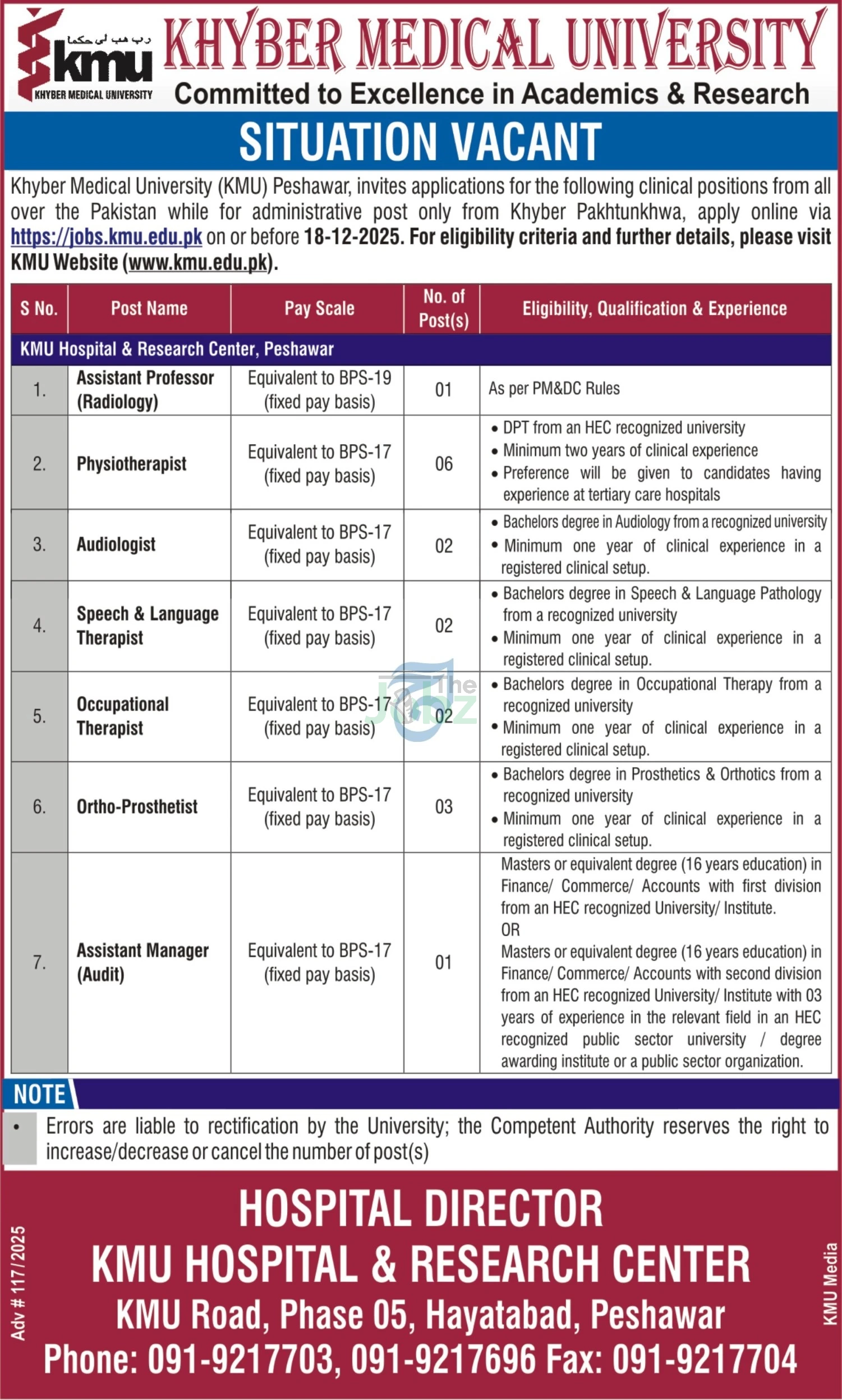 Khyber Medical University KMU Job Openings: Apply Now in Peshawar - Khyber Medical University KMU