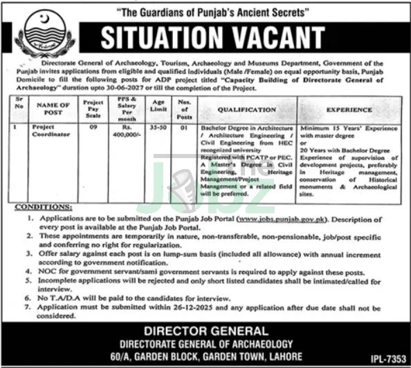 Tourism Archaeology Museum: Project Coordinator Roles in Lahore - Tourism Archaeology & Museum Department