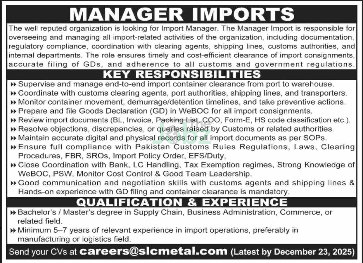 Manager Imports Job in Karachi: Private Organization Hiring Now - Management
