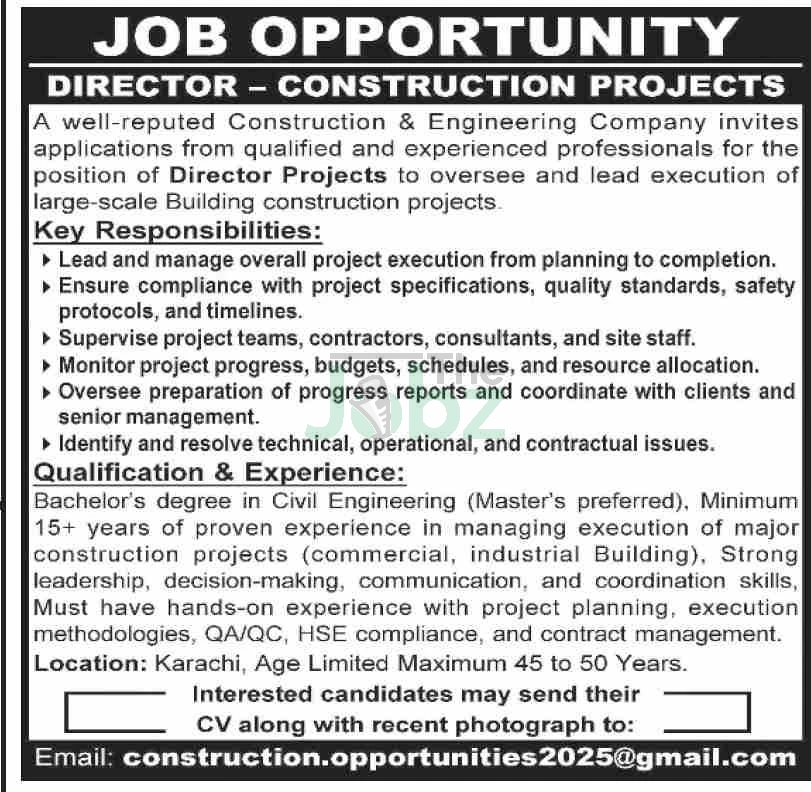 Director Project Management Role in Karachi, Pakistan Construction - Management
