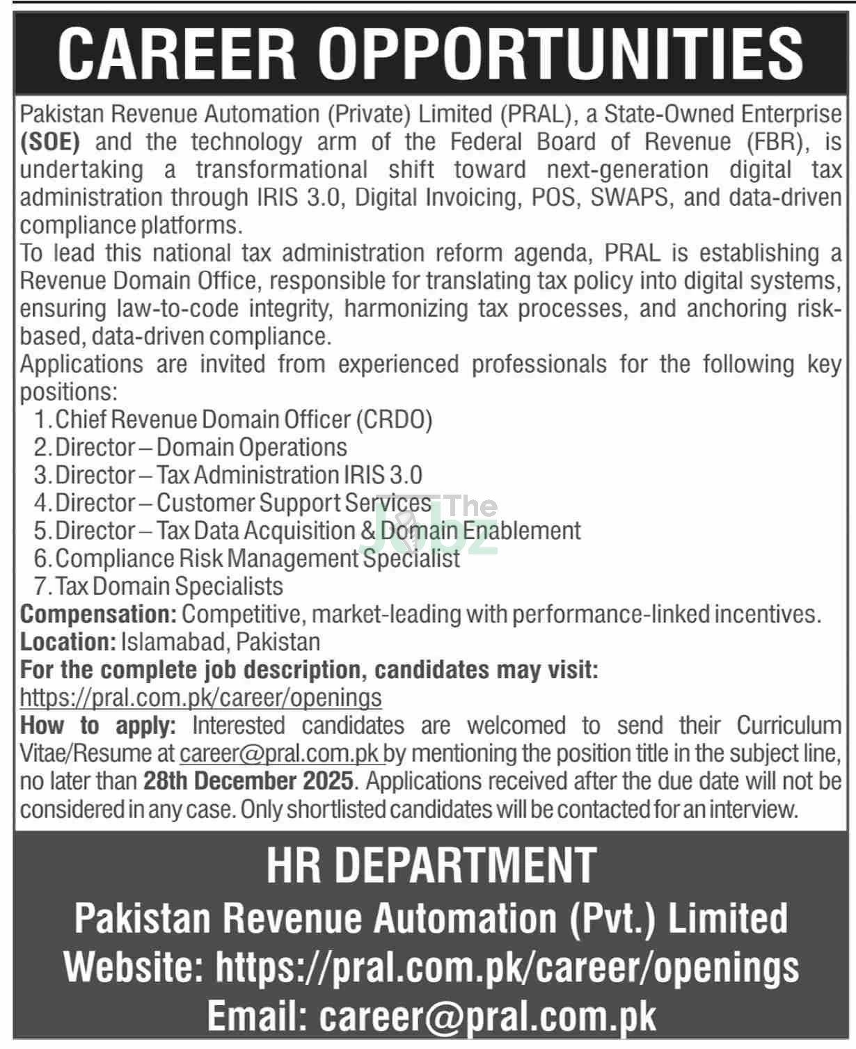 Pakistan Revenue Automation PRAL Hiring: Management Jobs in Karachi - Management
