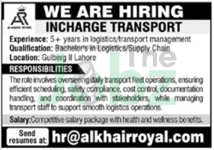 Transport Incharge Vacancies in Lahore, Pakistan - Apply Now! - Management