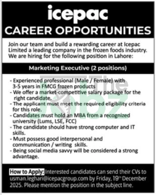 Icepac Limited Lahore: Management Careers in Pakistan Apply Now - Management