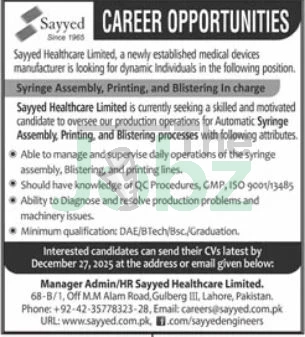 Sayyed Health Care Lahore 2025 Job Openings in Management - Management