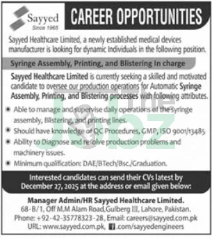 Sayyed Health Care Lahore 2025: Management Job Opportunities - Management