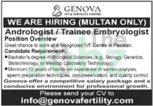 Genova IVF Fertility Centre Multan Hiring 2025: Apply Now! - Management
