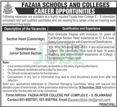Fazaia Inter College Islamabad Hiring: Management Jobs Available - Management