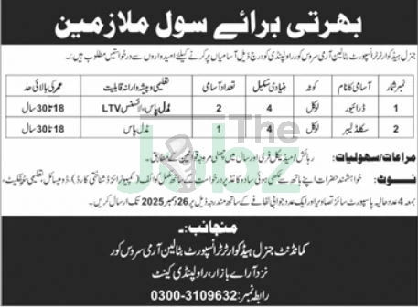 General Head Quarter Transport Battalion Army Jobs in Rawalpindi - General Head Quarter Transport Battalion Army Service Core