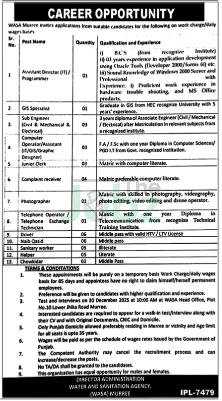 WASA Murree Hiring: Water Sanitation Jobs in Pakistan Now Open - Water and Sanitation Agency WASA